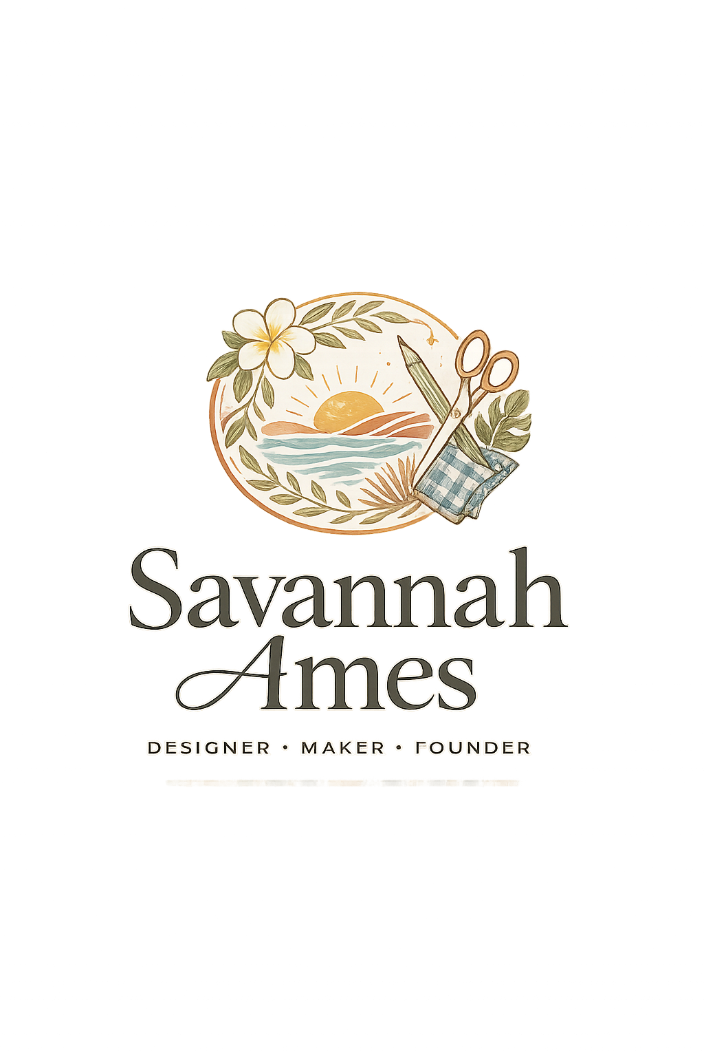 Savannah Ames logo with a tropical sunset, scissors, pencil, and plumeria flower