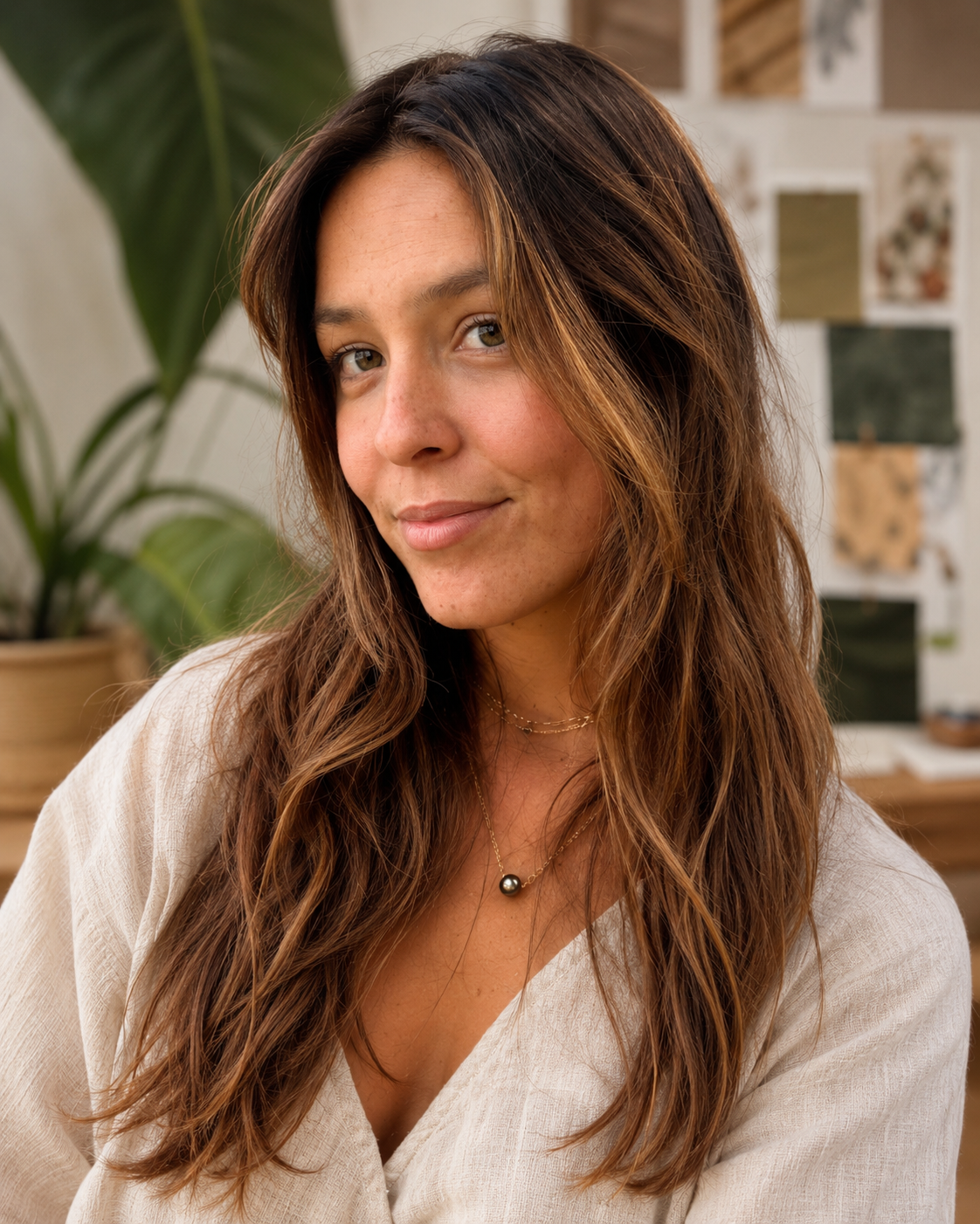 Portrait of Savannah Ames in a cream linen top in front of her studio mood board